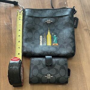 Coach Black Crossbody Bag and Wallet with Cityscape Design